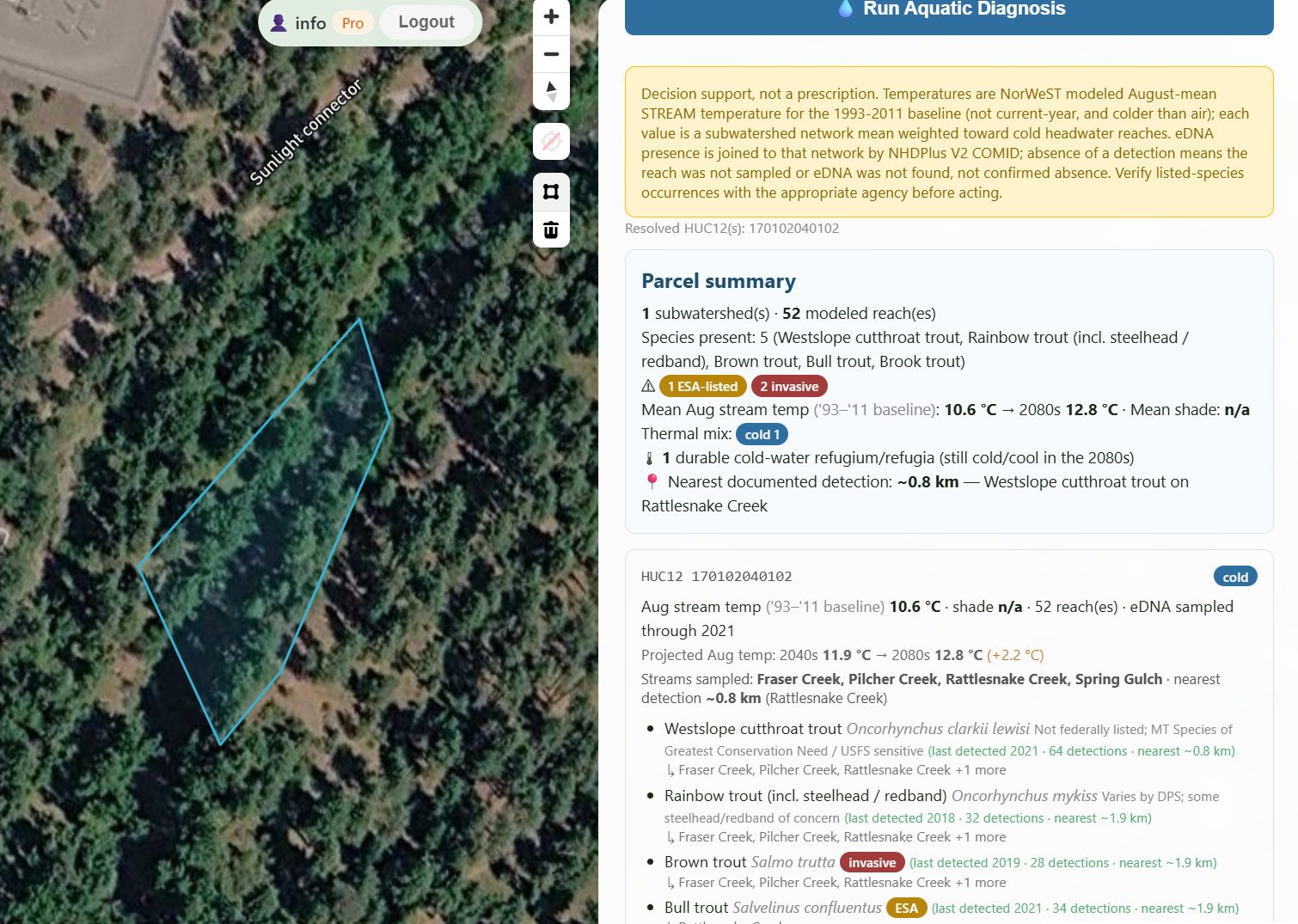 Panel listing modelled stream temperatures and fish species detected by eDNA sampling near a property