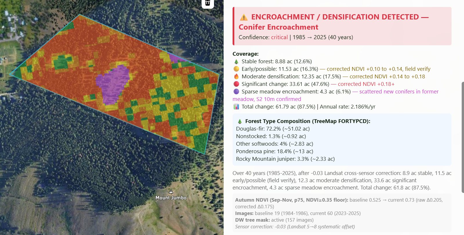 Map of a dry forest coloured by how much conifer canopy has filled in since 1985