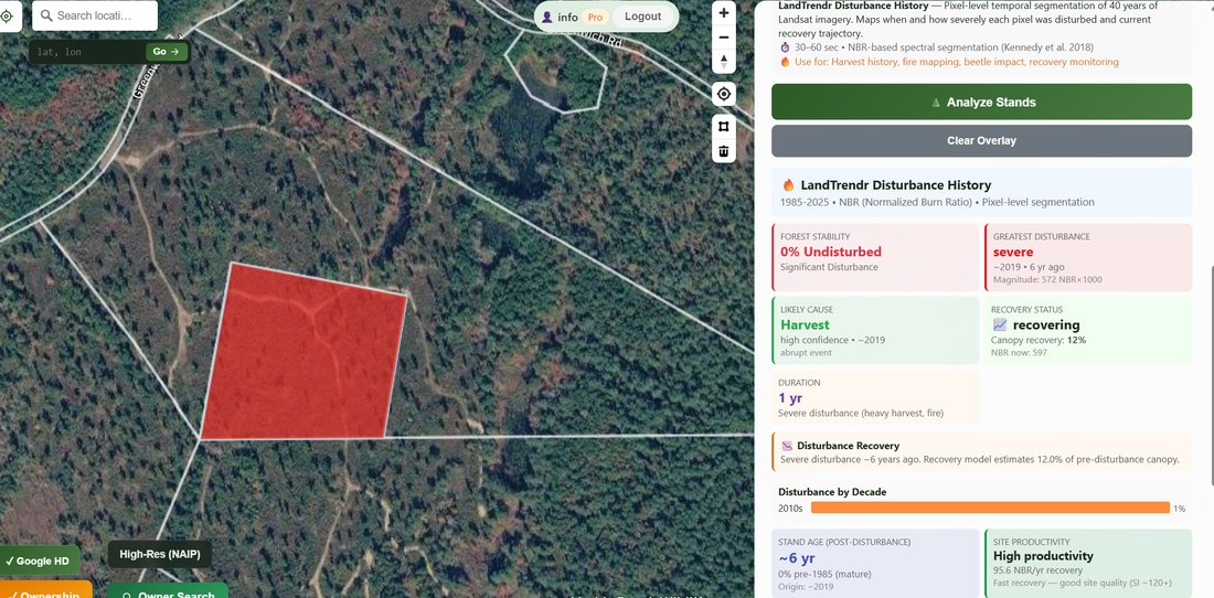 LandTrendr 40-year disturbance history with cause attribution