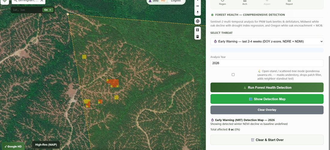 Forest-health early-warning detection map with flagged mortality cells
