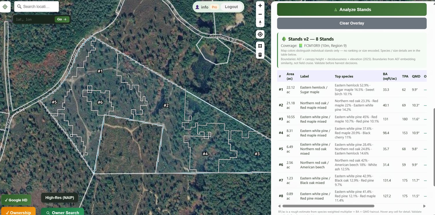 LandPulse stand inventory — delineated stands on satellite imagery with a forest inventory table