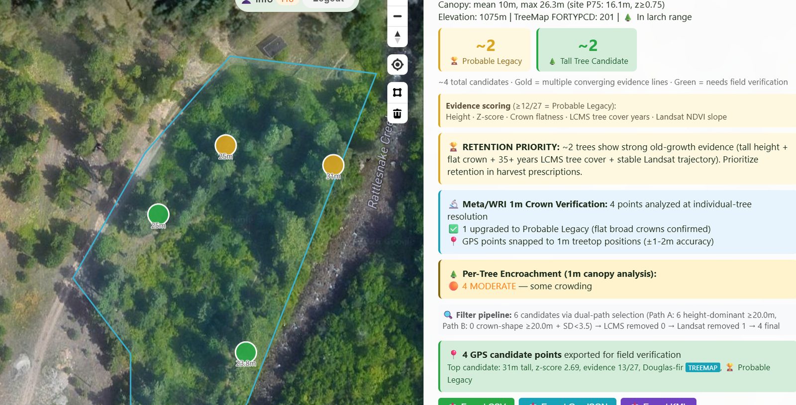 Aerial image with candidate legacy trees marked and labelled with their heights