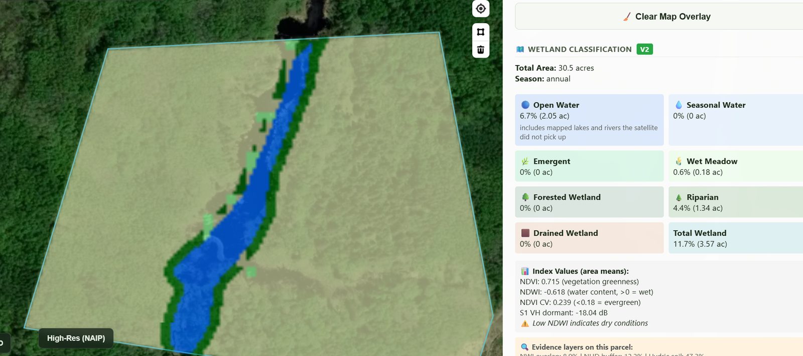 Wetland classification map showing a river as open water with a riparian band along both banks