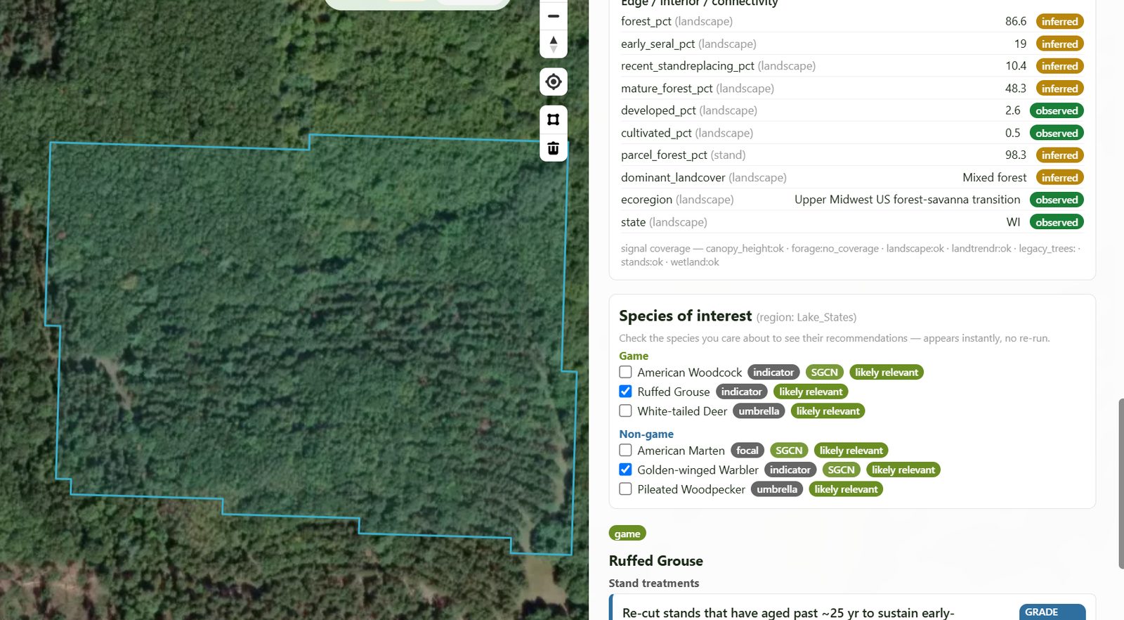 Wildlife habitat panel with landscape metrics and species of interest such as ruffed grouse and golden-winged warbler